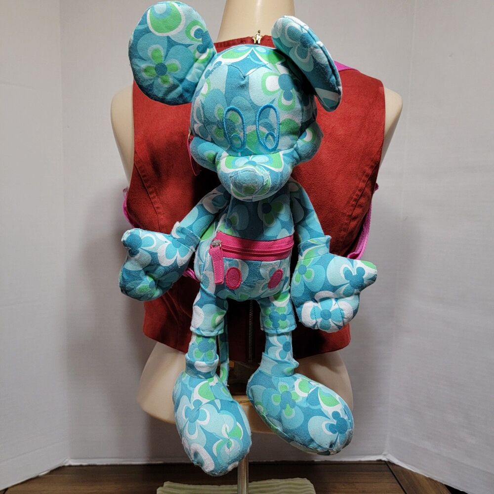 Walt Disney World Kids Blue Flowers Mickey Mouse Doll Back Pack